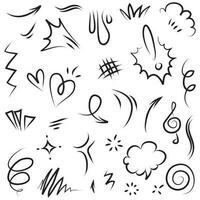 Conjunto de vectores de doodle de signo de expresión de dibujos animados dibujados a mano, flechas direccionales de curva, elementos de diseño de efectos de emoticonos, símbolos de emoción de personaje de dibujos animados, lindas líneas de trazo de pincel decorativo.