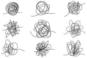 Set of random chaotic lines. Hand drawing insane tangled scribble clew. Vector icon isolated on white background.