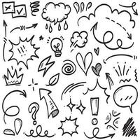 Conjunto de vectores de doodle de signo de expresión de dibujos animados dibujados a mano, flechas direccionales de curva, elementos de diseño de efectos de emoticonos, símbolos de emoción de personaje de dibujos animados, lindas líneas de trazo de pincel decorativo.