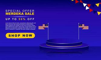 Malaysia independence day celebration discount on august 31st with 3d podium promotion design vector