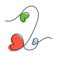 Number 2 handwritten in one continuous line with hearts and color spots in trendy shades. Vector. vector