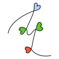 Number 4 handwritten in one continuous line with hearts and color spots in trendy shades. Vector. vector