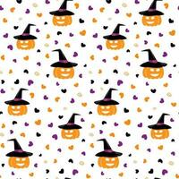 Seamless pattern of Halloween smiling pumpkin in a witch hat and hearts around in trendy shades. EPS vector