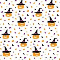 Seamless pattern of Halloween smiling pumpkin in a witch hat and hearts around in trendy shades. EPS vector