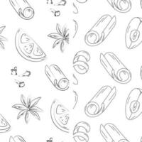 Set of 2 seamless patterns with spice ingredients for mulled wine. Hand drawn Line Art. Vector. EPS vector