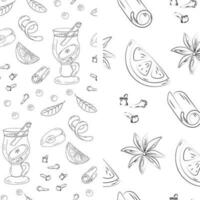 Set of 2 seamless patterns with cup of mulled wine and spice ingredients. Hand drawn Line Art. EPS vector