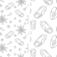 Set of 2 seamless patterns with spice and ingredients for mulled wine. Hand drawn Line Art. EPS vector