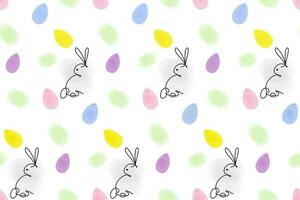 Endless pattern of Rabbits in one continuous line and colorful Easter eggs with hand drawn elements. vector