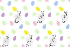 Endless pattern of Rabbits in one continuous line and colorful Easter eggs with hand drawn elements. vector