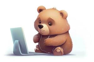 Cartoon bear playing laptop, generate ai photo