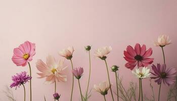 Top view image of pink flowers composition over pastel background , generate ai photo