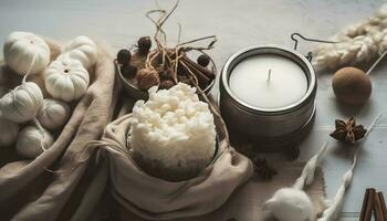 básico conjunto para hecho en casa natural blanco eco soja cera velas en vaso, mecha, perfume. idea para un pasatiempo, negocio. haciendo de moda bricolaje velas sin daño a salud en blanco fondo, generar ai foto