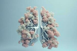 Human lungs with flowers, pastel colors, on blue background, 3d render and illustration, generate ai photo