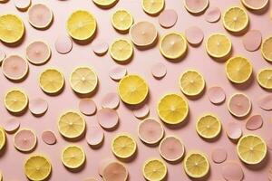 Uniform pattern of dried lemon slices with shadow on a pink background. Flat lay, generate ai photo