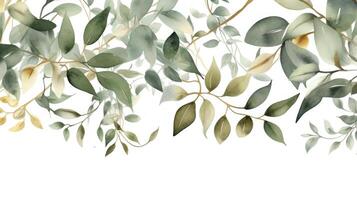 Watercolor green and golden leaves border. Illustration photo