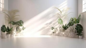 White empty studio with plants background. Illustration photo