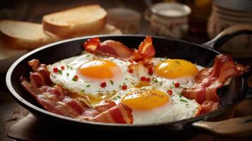 Breakfast, bacon and eggs. Illustration photo