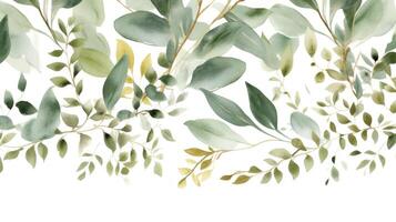 Watercolor green and golden leaves border. Illustration photo