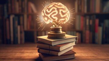 apilar de libros con cerebro. educación concepto. ilustración ai generativo foto