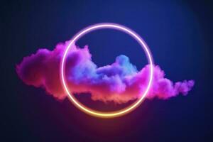 3d render, abstract cloud illuminated with neon light ring on dark night sky. Glowing geometric shape, round frame, generate ai photo