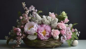 Pink Spring Flower Arrangement, Easter Decoration, generate ai photo