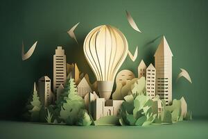 Paper cut of light bulb with green eco city , Renewable energy by 2050 Carbon neutral energy or greenhouse gas emission CO2 , Save energy creative idea concept , photo