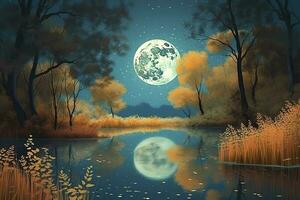 night landscape environment harvest moon over a glittering lake lush vegetation birchwood trees, flowers, magical galaxy. 3d drawing digital art, generate ai photo