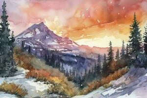 Paint a watercolor landscape of a mountain range with snow-capped peaks, featuring a vibrant sunset sky and intricate details of rocks and trees, generate ai photo