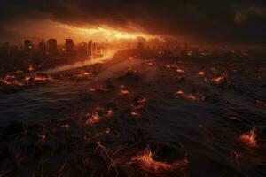 Post apocalypse. Nuclear apocalypse survivor. Ruined Cityscape. Concept. Banner size. Header, A nuclear explosion in the center of the metropolis. The beginning of apocalyptic, generate ai photo