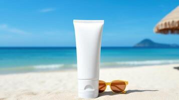 Blank sunscreen cream on the beach. Illustration photo