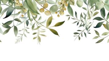 Watercolor green and golden leaves border. Illustration photo