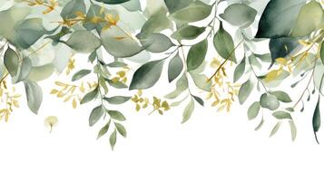 Watercolor green and golden leaves border. Illustration photo