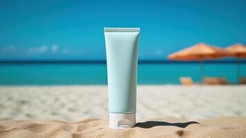 Blank sunscreen cream on the beach. Illustration photo