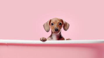 Cute little puppy in bathroom. Illustration photo