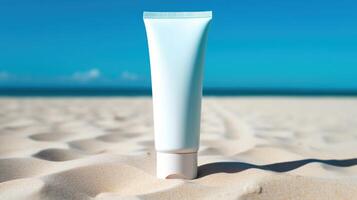 Blank sunscreen cream on the beach. Illustration photo