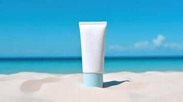 Blank sunscreen cream on the beach. Illustration photo