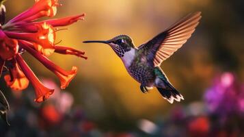 zumbador pájaro con flor. ilustración ai generativo foto