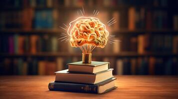 apilar de libros con cerebro. educación concepto. ilustración ai generativo foto