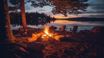 Campfire near the lake. Illustration photo