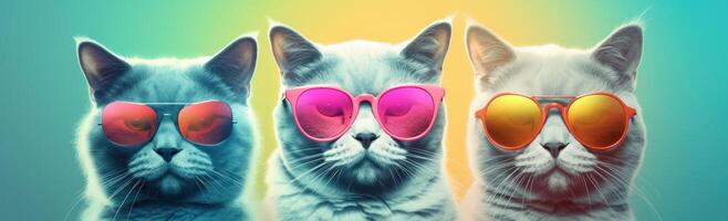 Tres frio gatos en Gafas de sol. ilustración ai generativo foto