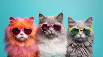 Tres frio gatos en Gafas de sol. ilustración ai generativo foto