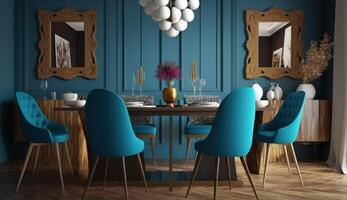 Modern interior of dinning room with blue chairs. Illustration photo