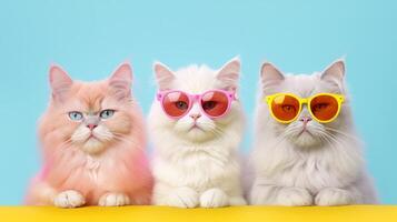 Tres frio gatos en Gafas de sol. ilustración ai generativo foto