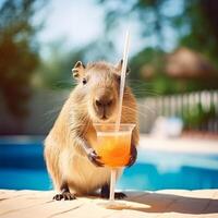 Cute capybara with summer cocktail. Illustration photo