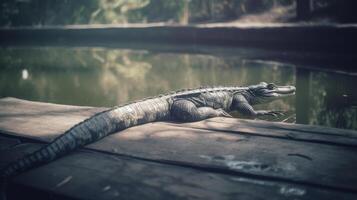 falso gavial tener broncearse cerca sus estanque ilustración ai generativo foto