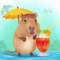 Cute capybara with summer cocktail. Illustration photo