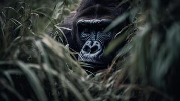 gigante gorila ocultación en el malas hierbas ilustración ai generativo foto