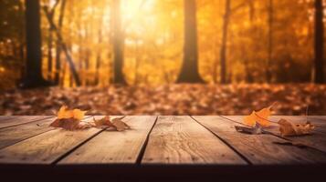 Wooden table with autumn background. Illustration photo