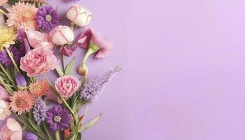 multicolored spring flowers on purple background , generate ai photo