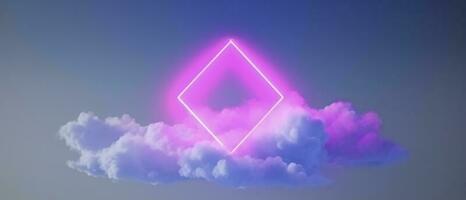 3d render, abstract minimal background with pink blue yellow neon light square frame with copy space, illuminated stormy clouds, glowing geometric shape, generate ai photo